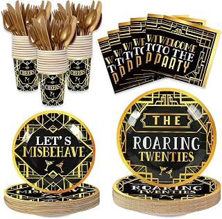 168 Pcs Roaring 1920's Party Tableware Set, 24 Guests Black and Gold Speakeasy Birthday Dinner Plates, Dessert Plates, Cups and Napkins for 1920s Vintage Wedding Party Supplies
