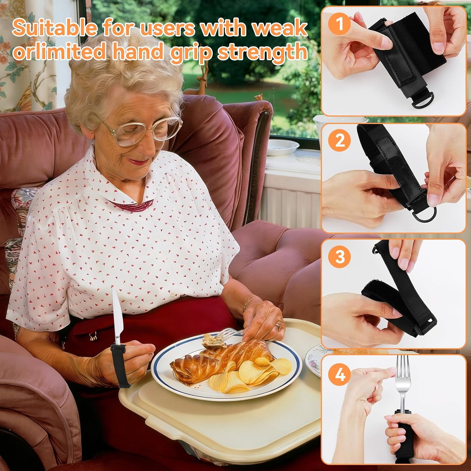 Aid Utensil Cuff Holder, Adjustable Hand Strap Easy Grip Adaptive Equipment Cuff Eating Utensils for Holding Utensils, Eating Assistance Cuff, Weak Grip & Limited Mobility