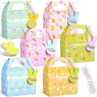 Marspark 24 Pcs Easter Treat Boxes Paper Easter Gift Box Colorful Party Favor Gable Boxes Candy Cake Cookie Holder with Handle 24 Bunny Tags 16.4 Ft Cotton String for Holiday (Cute Style)
