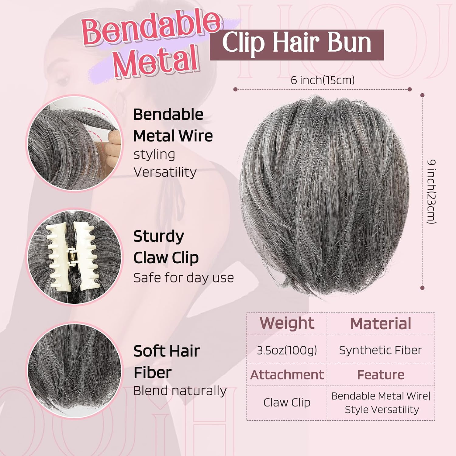 HOOJIH Messy Bun Hair Piece, Claw Clip in Straight Hair Bun 9 Inch Short Ponytail Extension with Bendable Metal Wire Hair Pieces for Women Fake Hair Bun DIY Styles - Light Ash Gray image 2