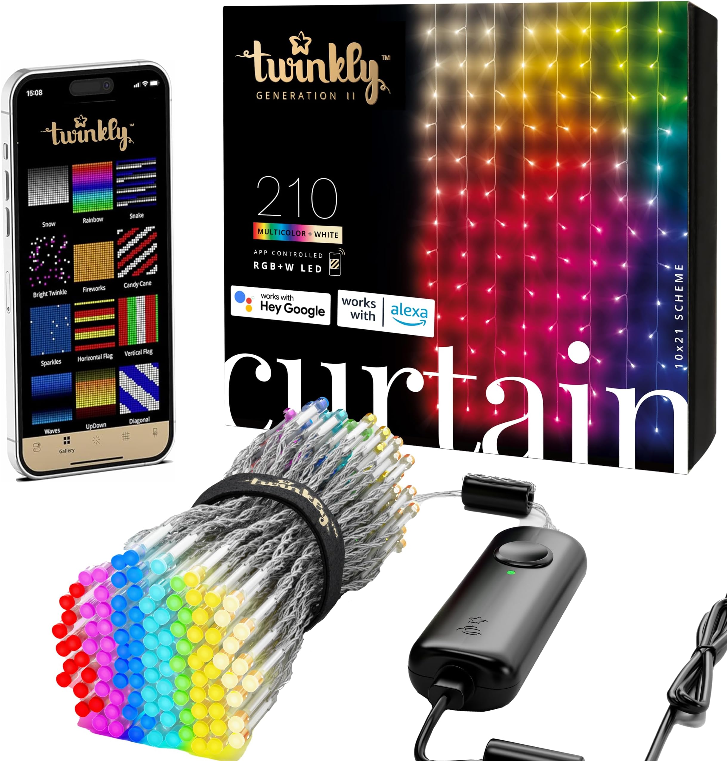 Christmas Curtain Lights 210 RGB+W LEDs - App-Controlled, Sync with Music, Indoor & Outdoor Use, Compatible with Google Assistant, Amazon Alexa, Apple HomeKit, Bluetooth & WiFi Connectivity