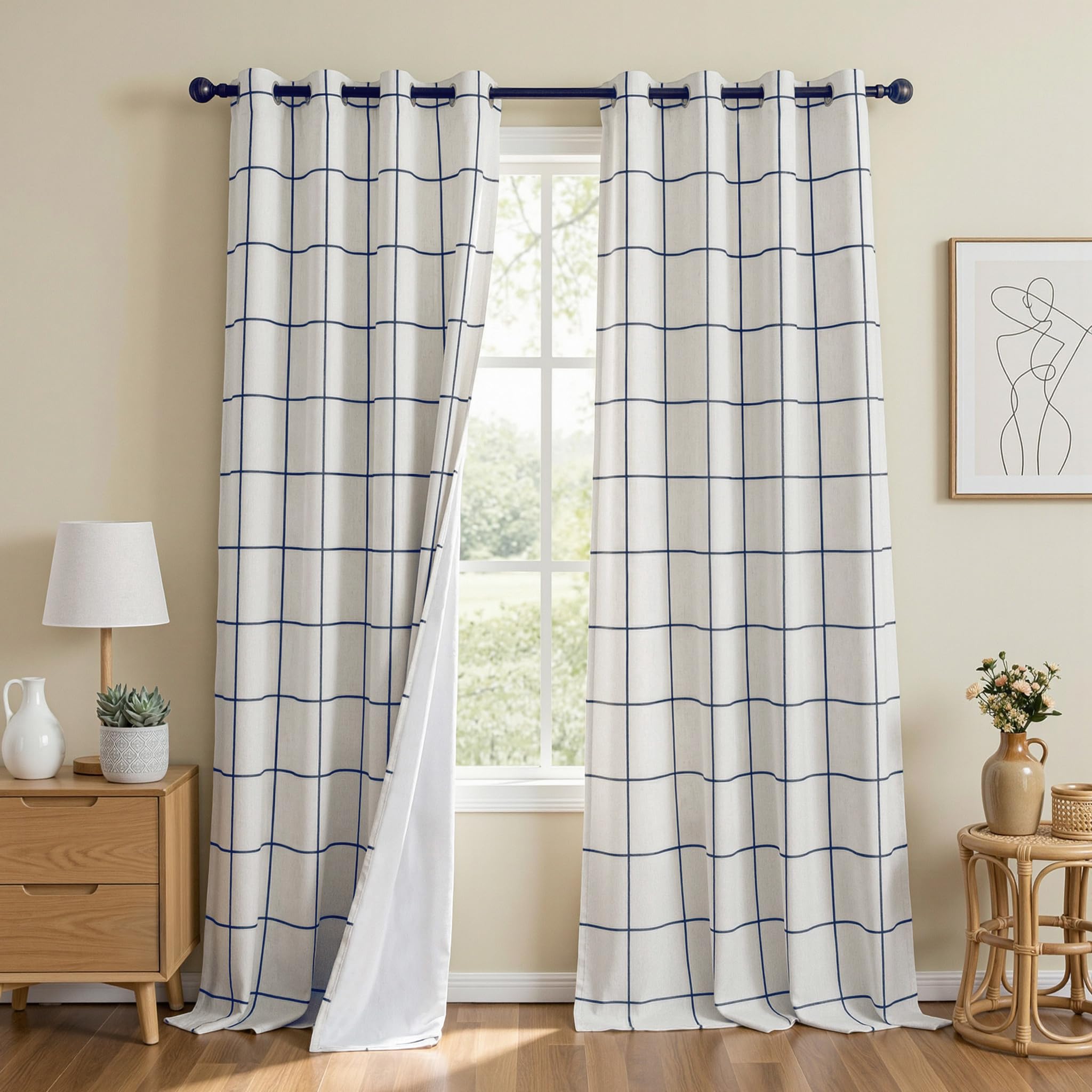 MYSKY HOME Navy Blue Plaid Blackout Curtains for Bedroom and Living Room
