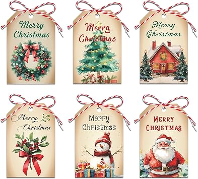 Vintage Tags - Merry Christmas & Xmas Gift Tags with String for Presents - 120Pcs