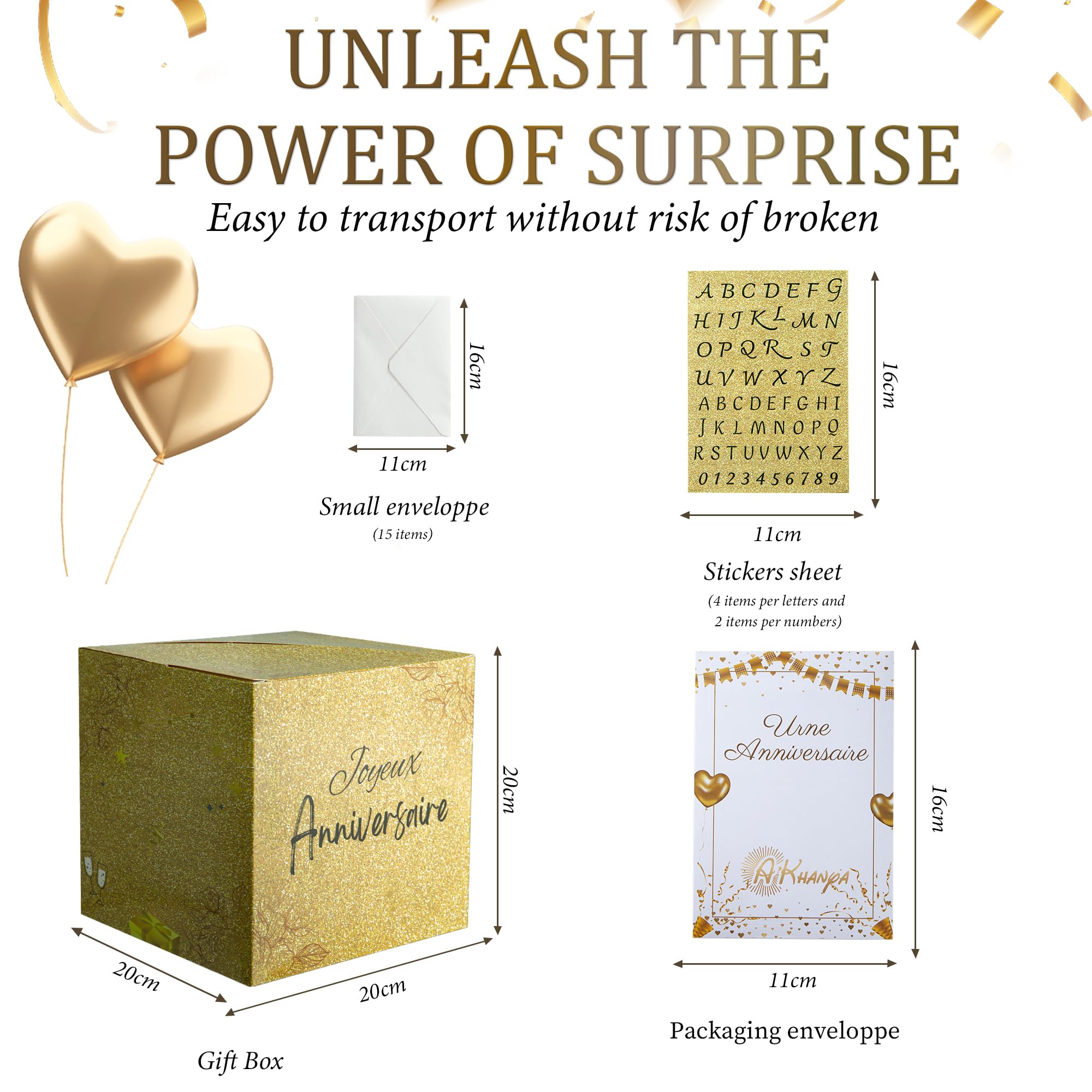Urne/boîte à Cartes D'anniversaire Dorée | Dimensions 20x20 Cm | Inclut 20 Cartes Gratuites | Décoration De Fête, Tirelire à Messages