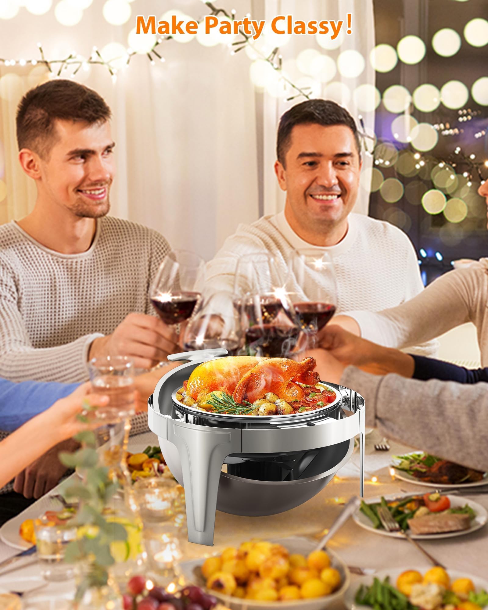 Chafing Dish Redondo 6L, Calentador de Comida con Tapa Enrollable y Ventana de Vidrio, Set de Catering Acero Inoxidable para Buffet y Banquetes, Soporte Combustible, Plateado