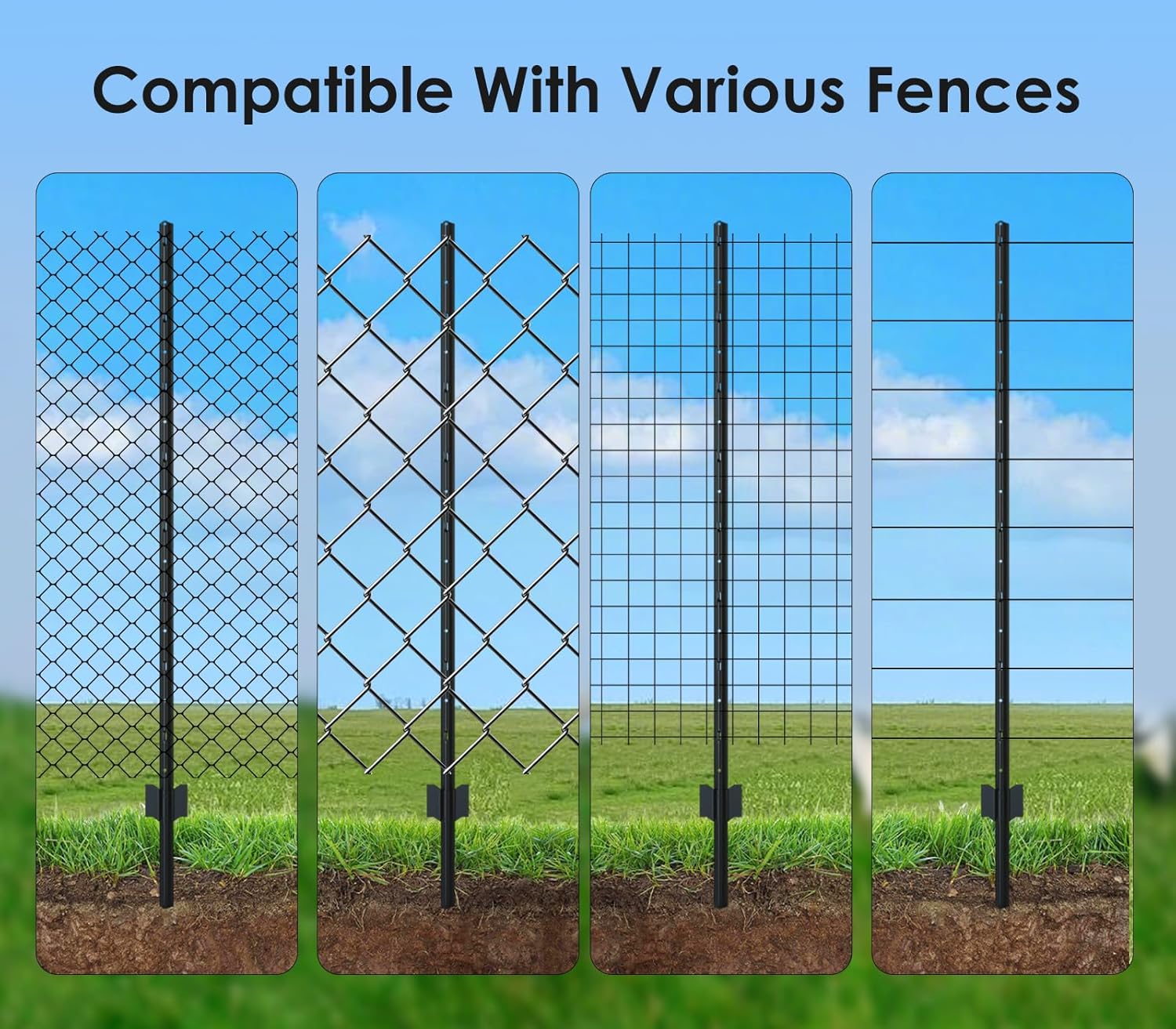 Black PVC Coated Metal Fence Posts for Wire Fence, Pack of 10, No-Dig U Post for Garden, Farm, Yard, and Other Outdoor Settings, Easy Installation (3FT)