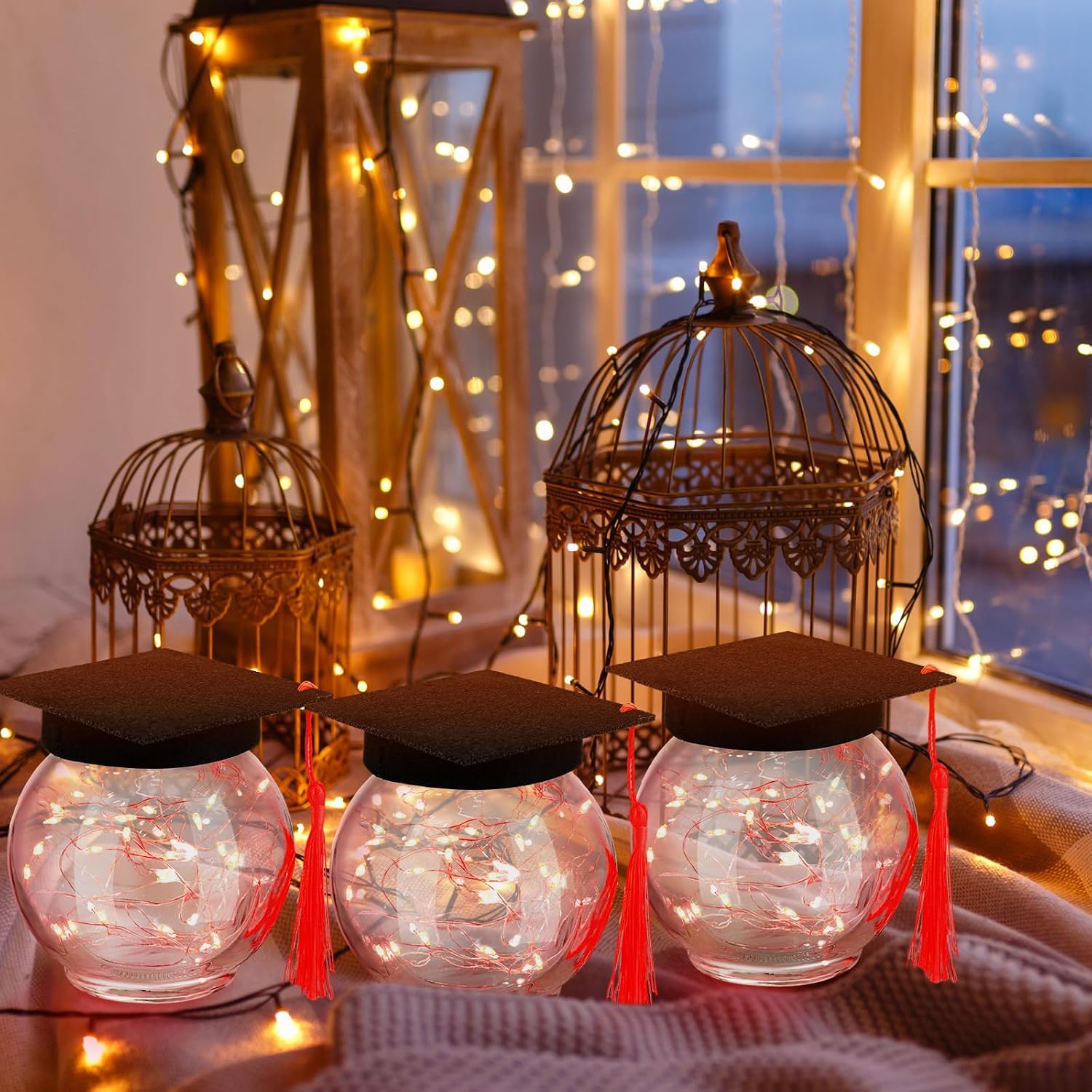 WILLBOND 8 Sets 2026 Graduation Table Centerpieces Decorations with LED Lights, Red Mason Jars Graduation Cap Decorations for Class of 2026 College High Middle School Grad Party Supplies Gifts image 3