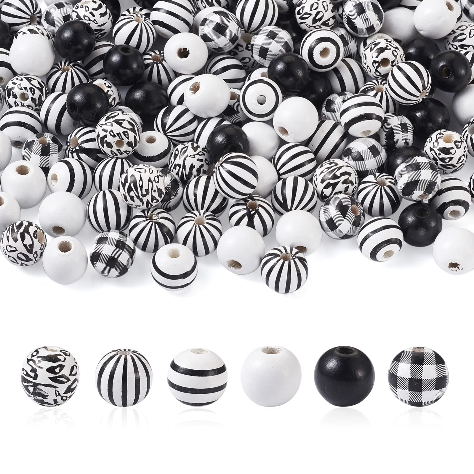 PandaHall 180pcs Farmhouse Wood Beads 16mm Large Hole Leopard Print Buffalo Plaid Black White Stripe Wooden Loose Beads for Garland Crafts DIY Home Decor