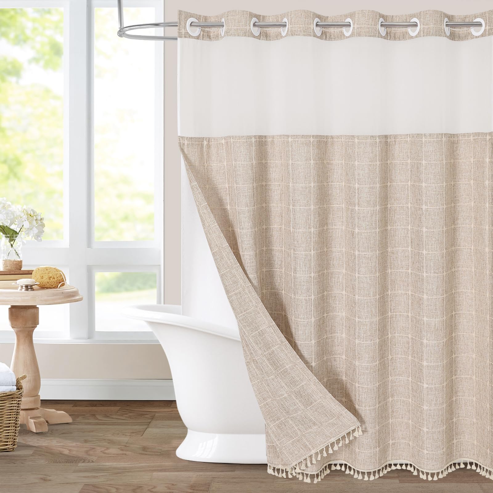 MitoVilla Tenda da doccia con fodera a scatto senza ganci, con finestra e magneti, tende da doccia in tessuto di cotone e lino bohémien con nappe, per arredamento rustico del bagno, marrone chiaro