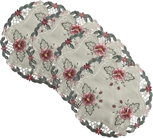 Juego de 4, tapices de 15 pulgadas, diseño de flor de rosa sobre base beige, bordado y corte para mesa de comedor de cocina (rojobeige, 15 pulgadas)