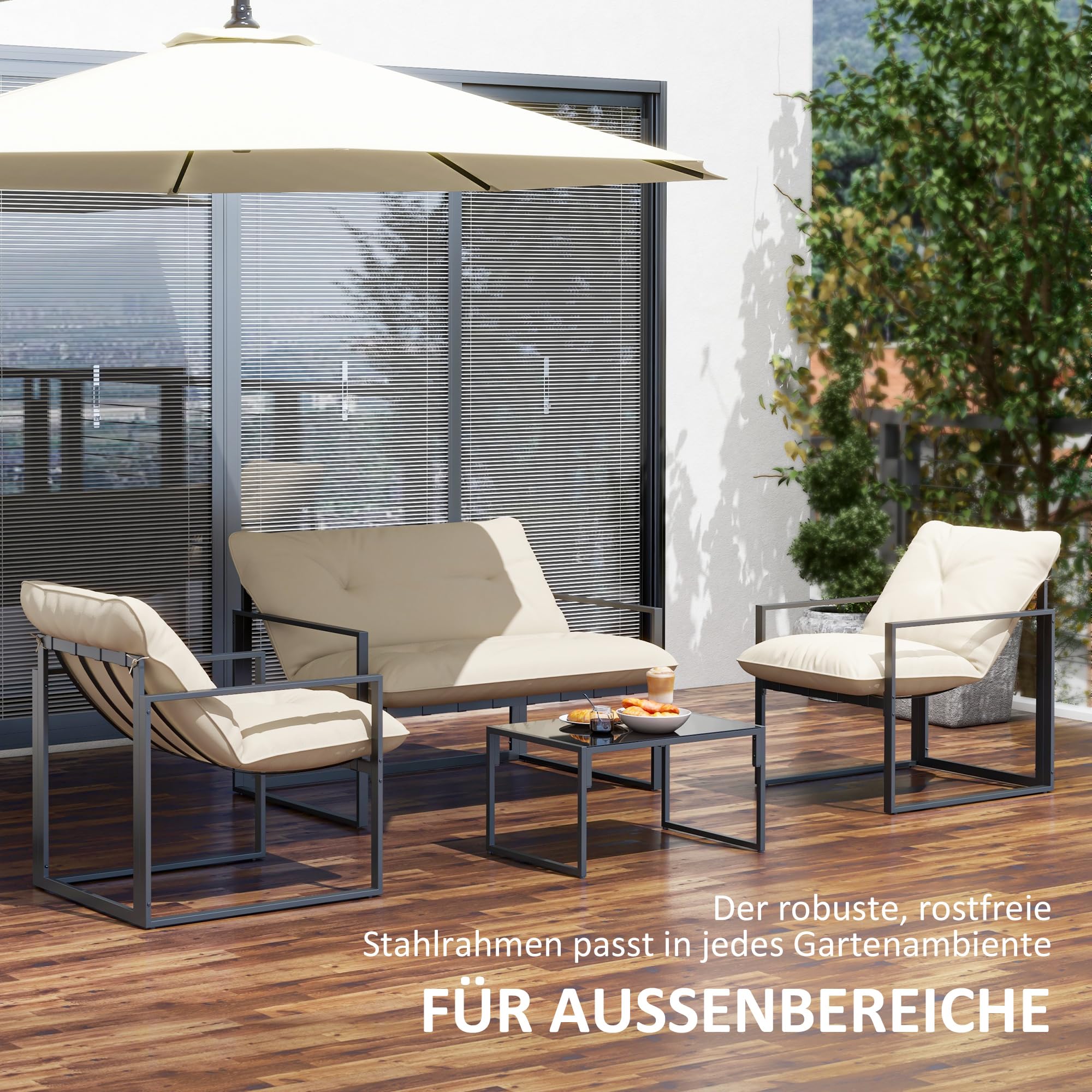 Outsunny Gartenmöbel Set Stahl Wetterfest Balkonmöbel-Set Grau+Beige | 4 Personen, 2er Sofa, Sessel, Glastisch, Sitzkissen, Outdoor Sitzgruppe, Terrassenmöbel, Gartengarnitur