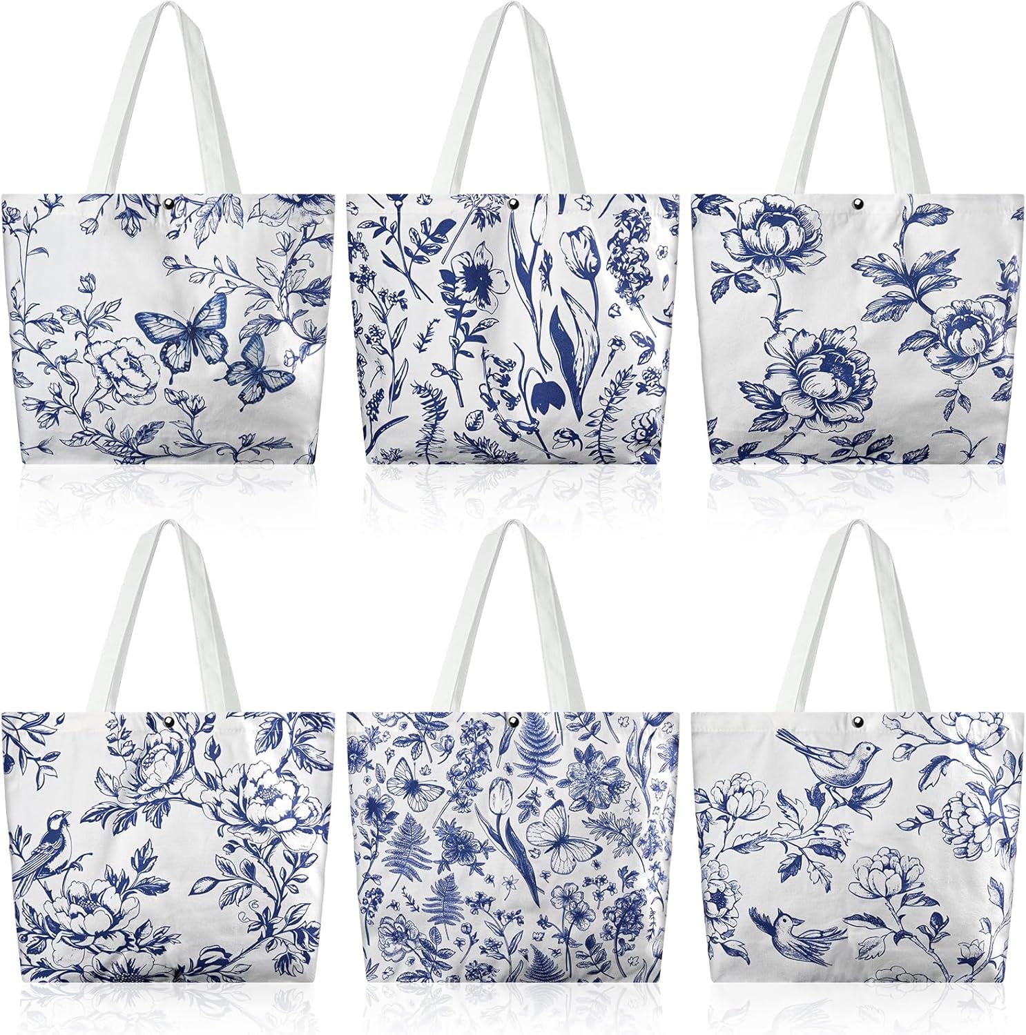 6 Pcs Floral Canvas Tote Bags Bulk for Women Chinoiserie Tote Bag Aesthetic Reusable Grocery Bags for Travel Shopping