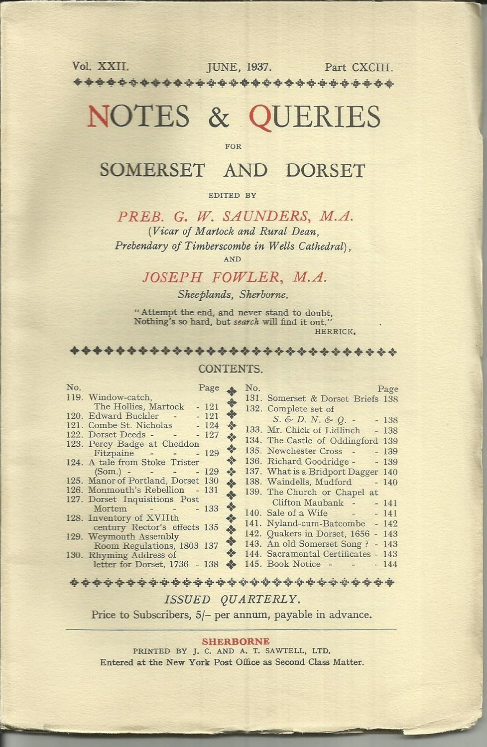Notes & Queries for Somerset and Dorset Vol. XXII Part CXCIII June