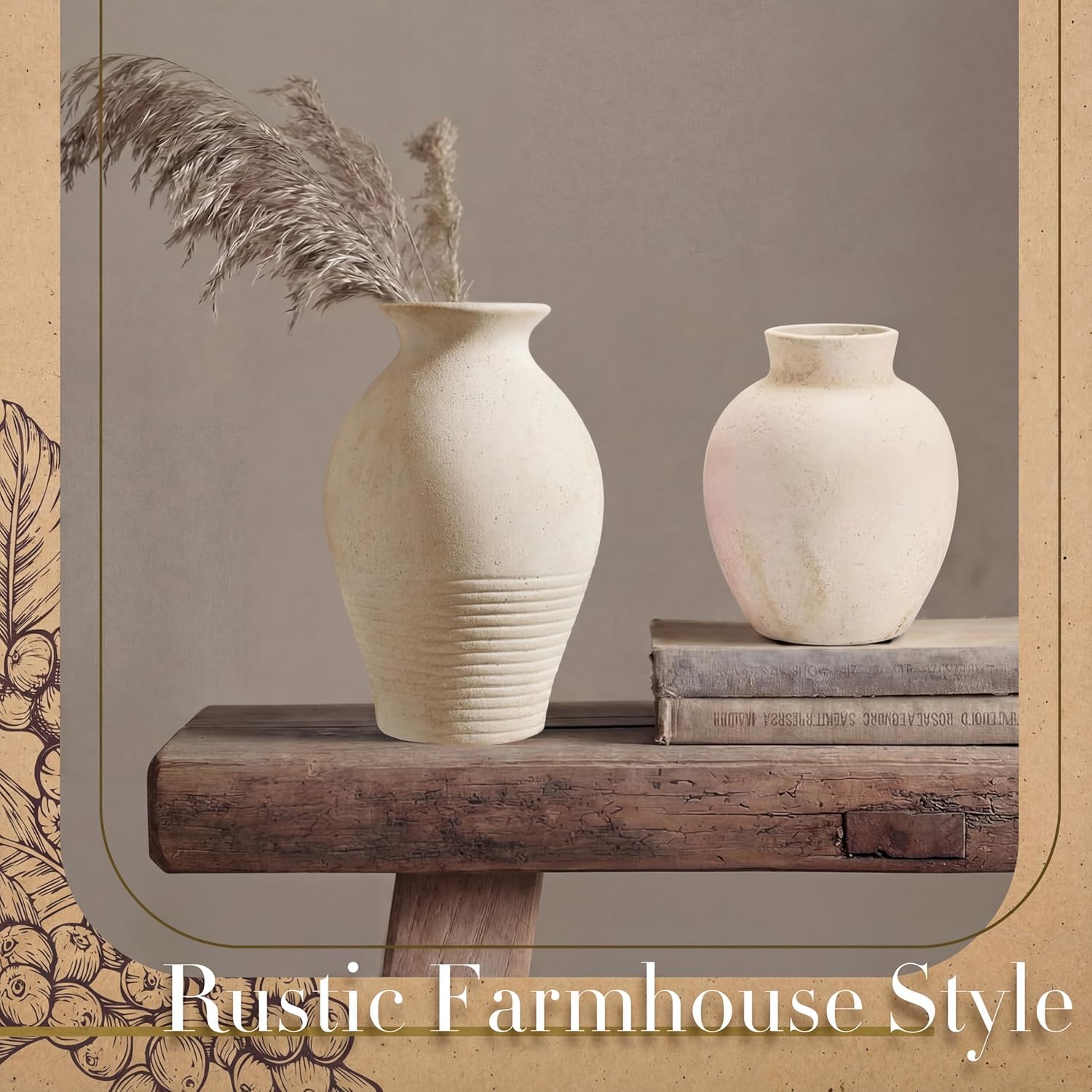 2 Pcs Rustic Farmhouse Vase Terracotta Clay Vase White Pottery Decorative Flower Pot Vintage Decor for Table, Living Room, Shelf, Mantel Decoration