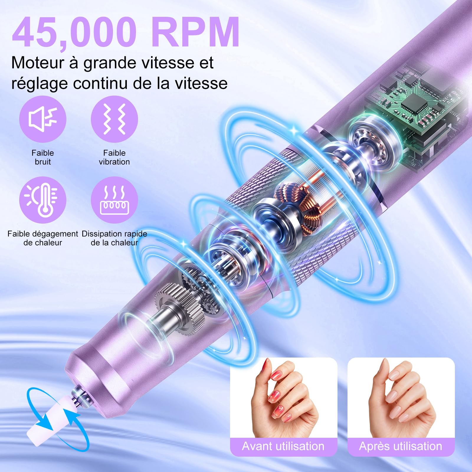 Ponceuse pour Ongles Professionnelle 45000 RPM,12 en 1 Lime a Ongle Electrique Portable,Ponceuse Ongles avec Écran LCD & Support,Lime à Ongle Electrique Silencieux,Conçu pour Les Salon,Violet