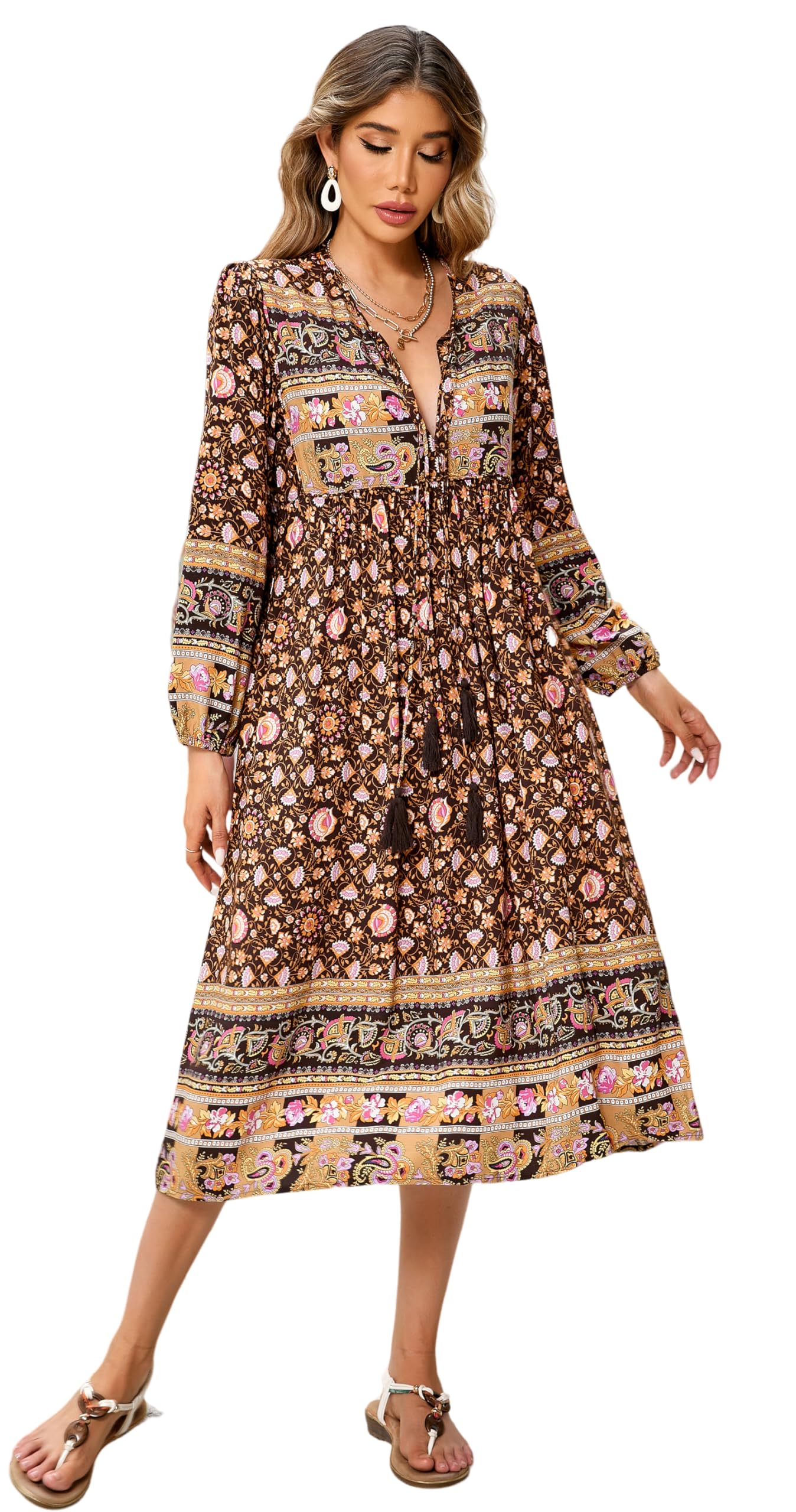 R.Vivimos Abito da donna con scollo a V a maniche lunghe, stile boho floreale, abito da spiaggia lungo a linee lunghe