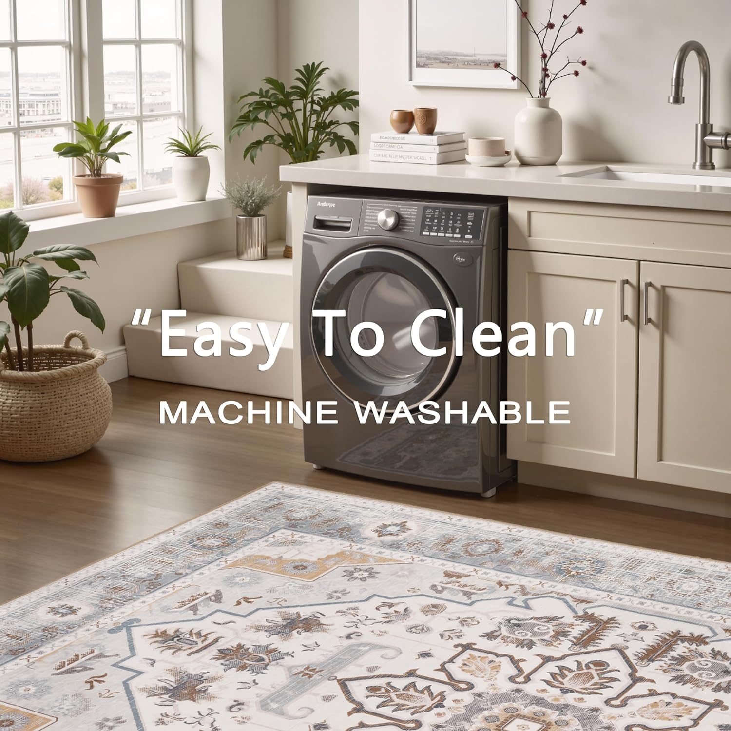 4x6 Washable Area Rug, Non-Slip Low Pile Soft Vintage Floral Print Carpet for Living Room, Bedroom, Kitchen Bathroom，Stain Resistant Lightweight Indoor Rugs