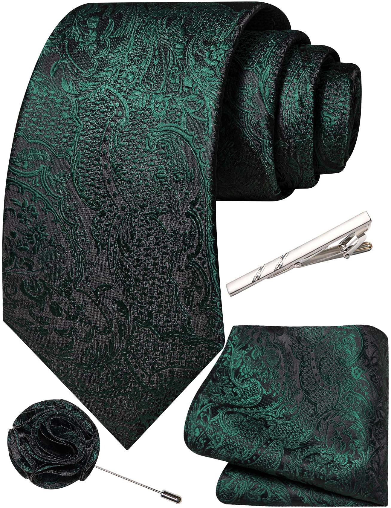 Unique Paisley Ties for Men Silk Neck Tie and Pocket Square Set with Tie Clip Lapel Pin Wedding Formal