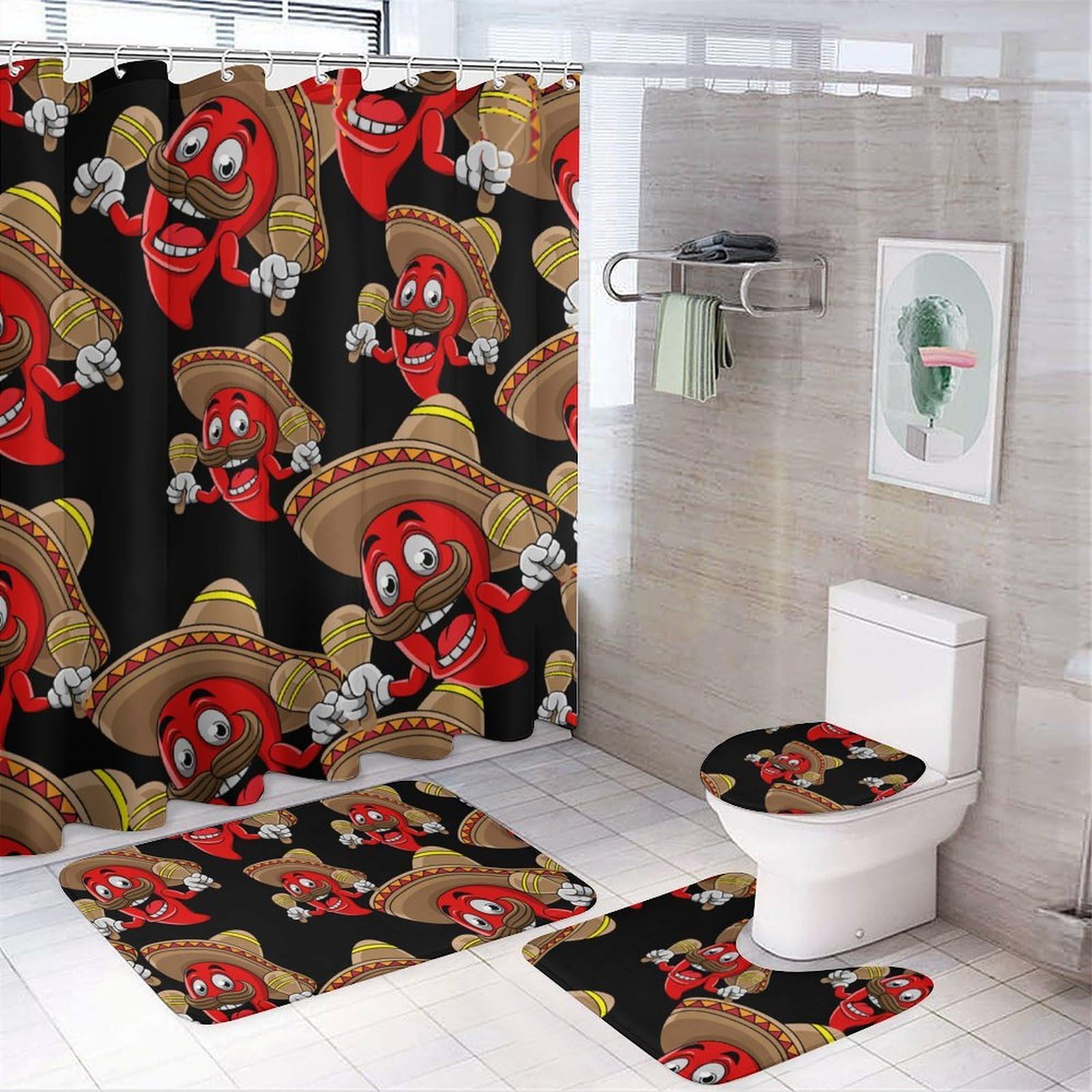 Chili Pepper with Maracas 4 Pcs Shower Curtain Set Bathroom Sets with Rugs Toilet Lid Cover Bath Mat Bathroom Decor