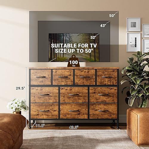 Miniatura 2 de Mueble de TV con toma de corriente, cómoda de 43 pulgadas de largo para dormitorio con 10 cajones de tela, cómoda para sala de estar, pasillo