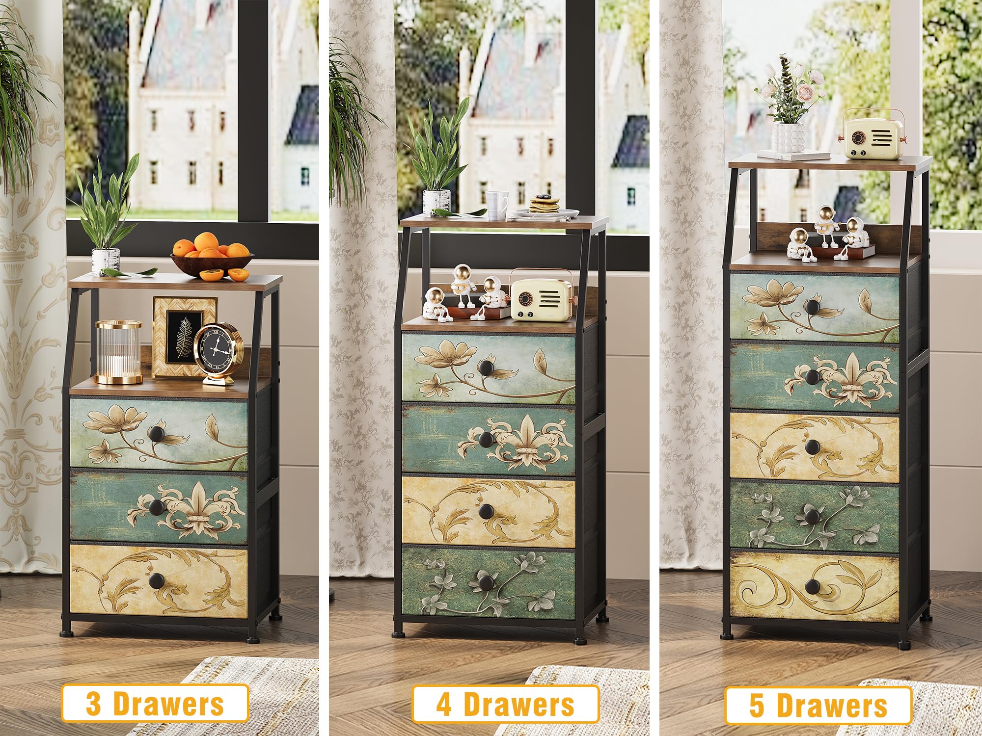 VEDECASA Commode à 5 tiroirs en tissu Armoire commode avec étagère ouverte Coiffeuse bohème Armoire de rangement Table de chevet Table d'appoint pour chambre salon