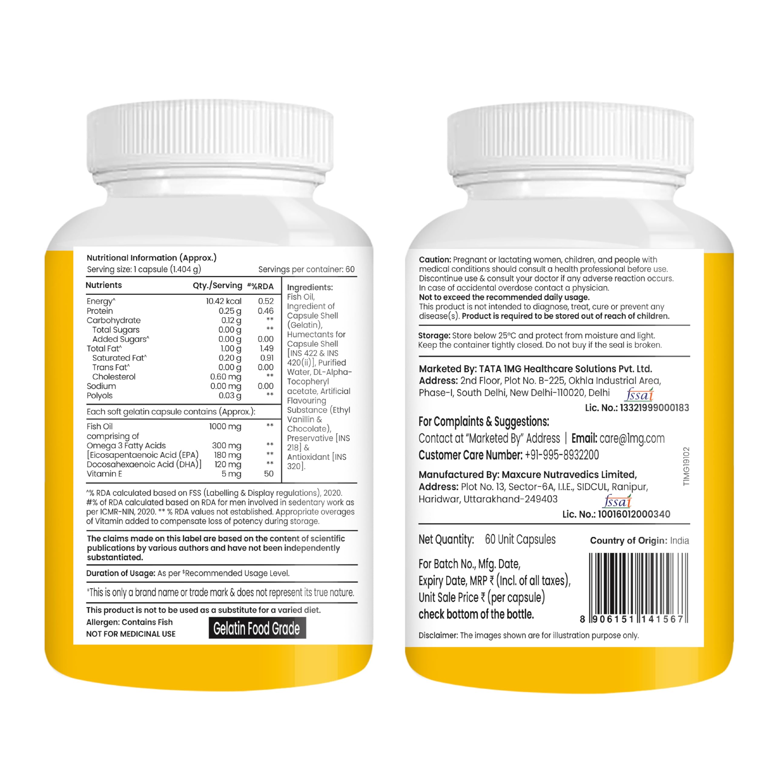 TATA 1MG Fish Oil Capsules with EPA (180mg) & DHA(120mg) for Hearth and Bone Health Skin & Hair Health, For Men/Women, No Fishy Burps,Non-GMO(Pack of 60) - Image 2 thumbnail