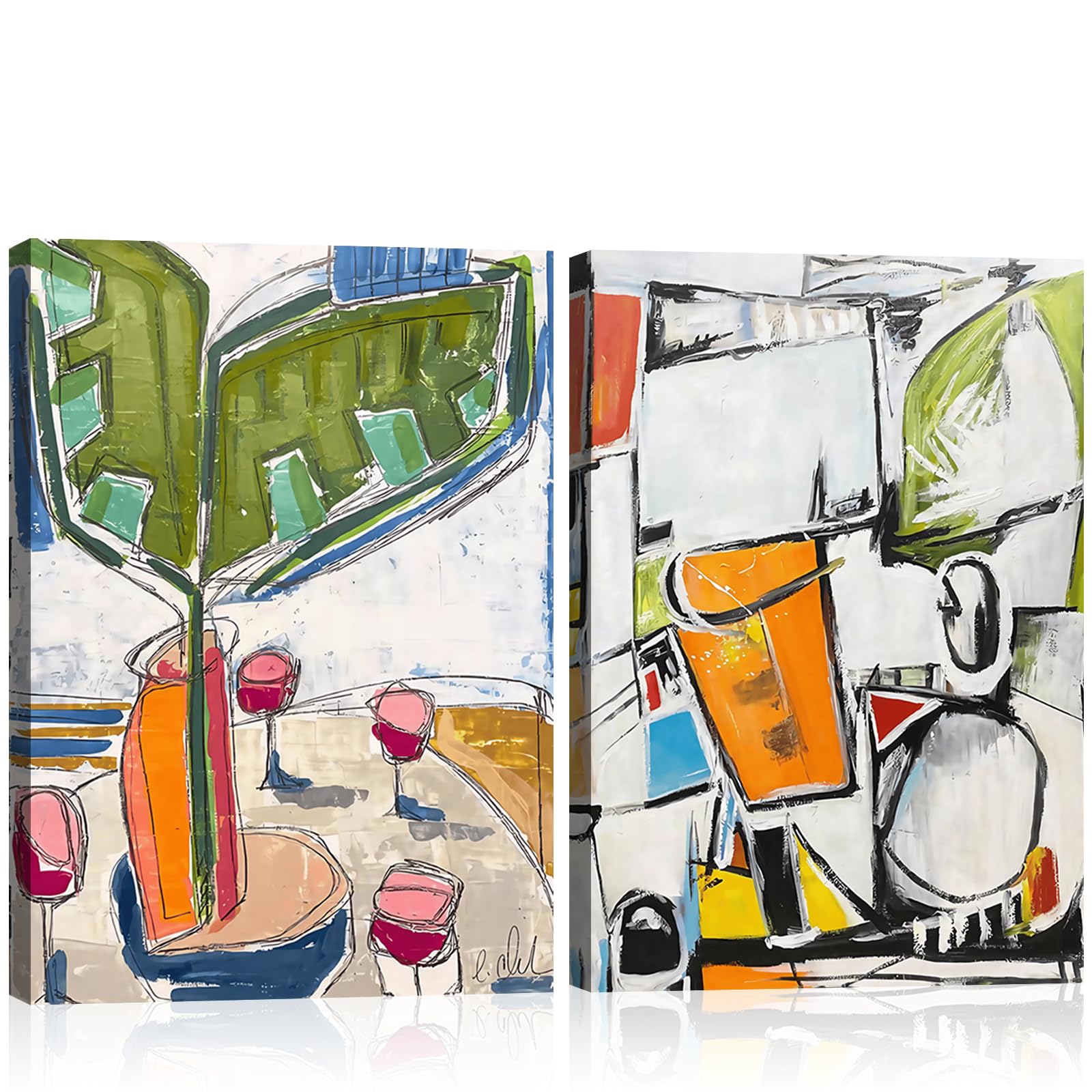Photo 1 of Framed 2pcs Abstract White Green Wall Art Geometric Print Colorful Dining Room Canvas Painting Modern Mexican Style Picture Living Room Kitchen Dining Room Cafe Decor Ready to Hang 12X16inch