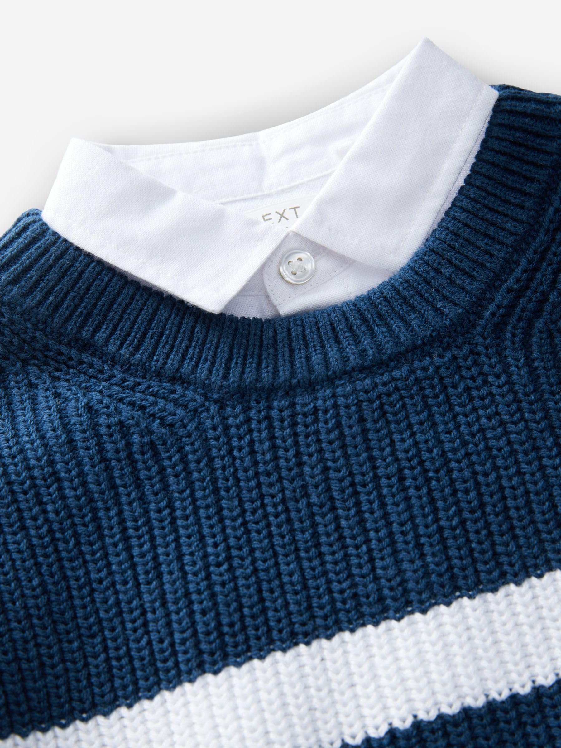 NEXT Garçon Pull en Maille avec col de Chemise intégré 100% Coton