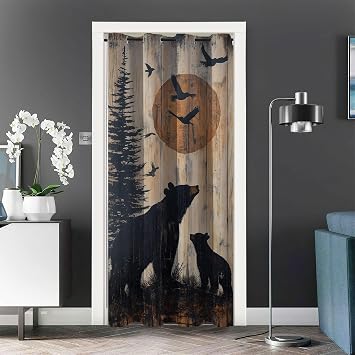 Black Bear Blackout Door Curtain, Wildlife Animal Woodland Rustic Farmhouse Wooden Vintage, 1 Panel Grommet Privacy Room Divider Curtains, for Bedroom Living bathroom Doorway Deco W34xL80 inch