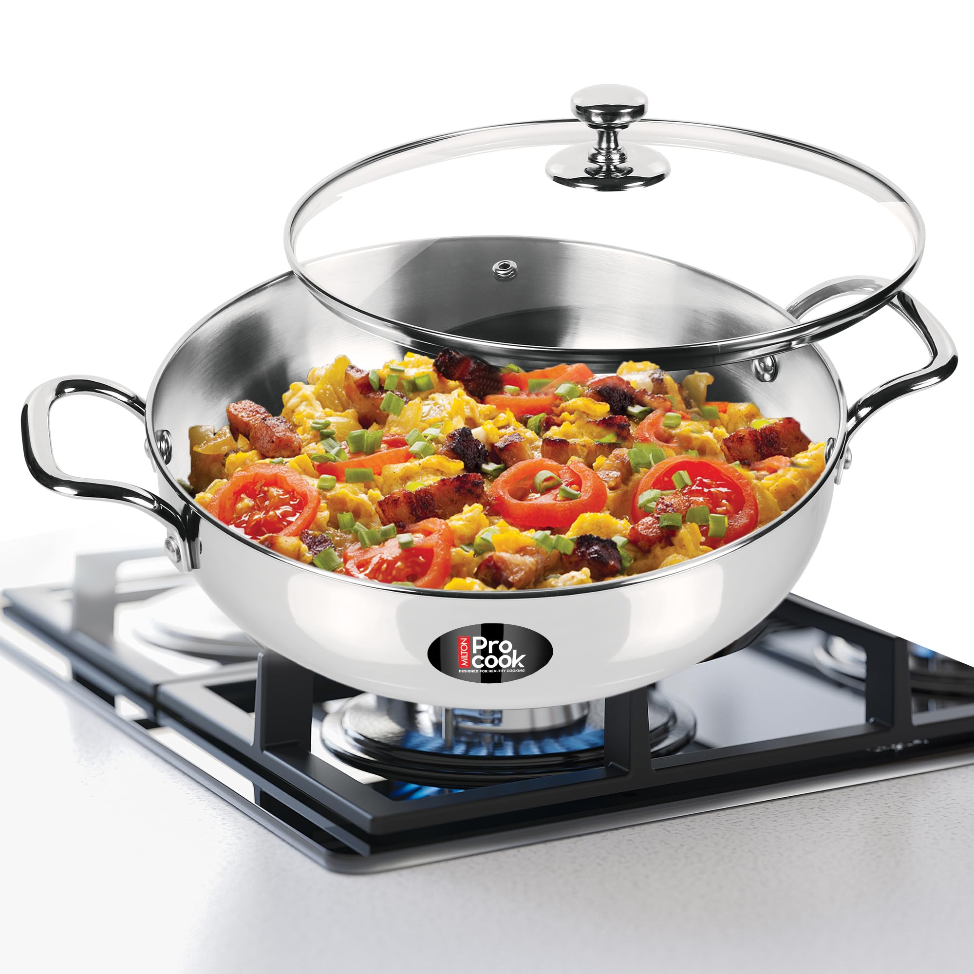 MILTON Pro cook Stainless Steel Kadhai with Glass Lid, 28 cm / 4.2 litres, Sandwich Bottom Cookware, Induction and Gas Stove Friendly Kadai for Cooking, Deep Frying, Stir-Fry, Sauté