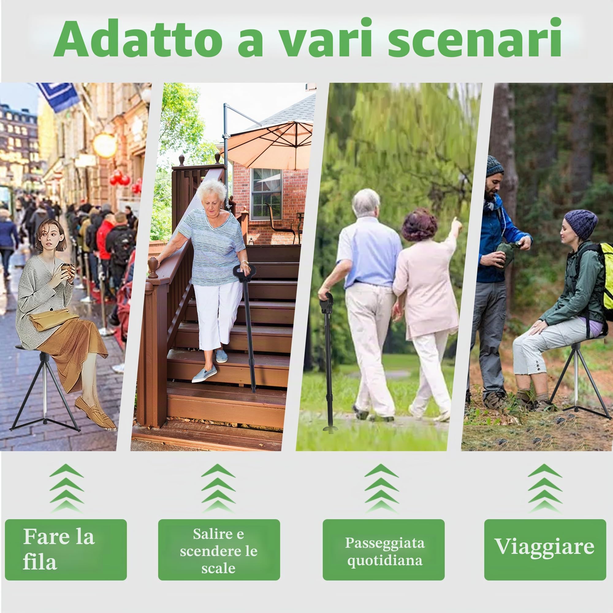 ALEVMOOM Bastone da passeggio con sedile pieghevole leggero, sgabello 2 in 1 per adulti, bastone da passeggio in alluminio con sedile, sgabello portatile per anziani, con borsa per il