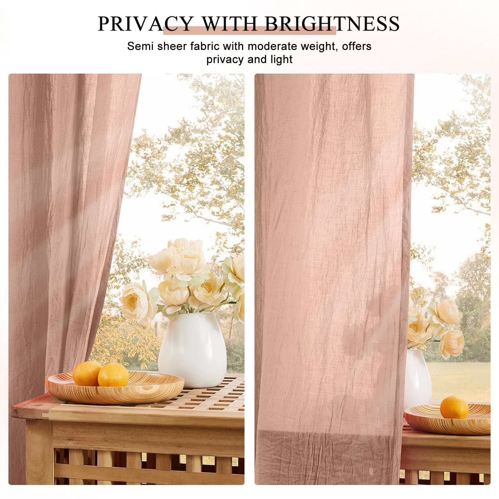 Melodieux Lot de 2 voilages Rose pâle de 160 cm de Long pour Chambre à Coucher, Rideaux élégants en Coton froissé et Lin froissé avec Passe-Tringle pour Salon, 132 x 160 cm (l x L), Rose pâle