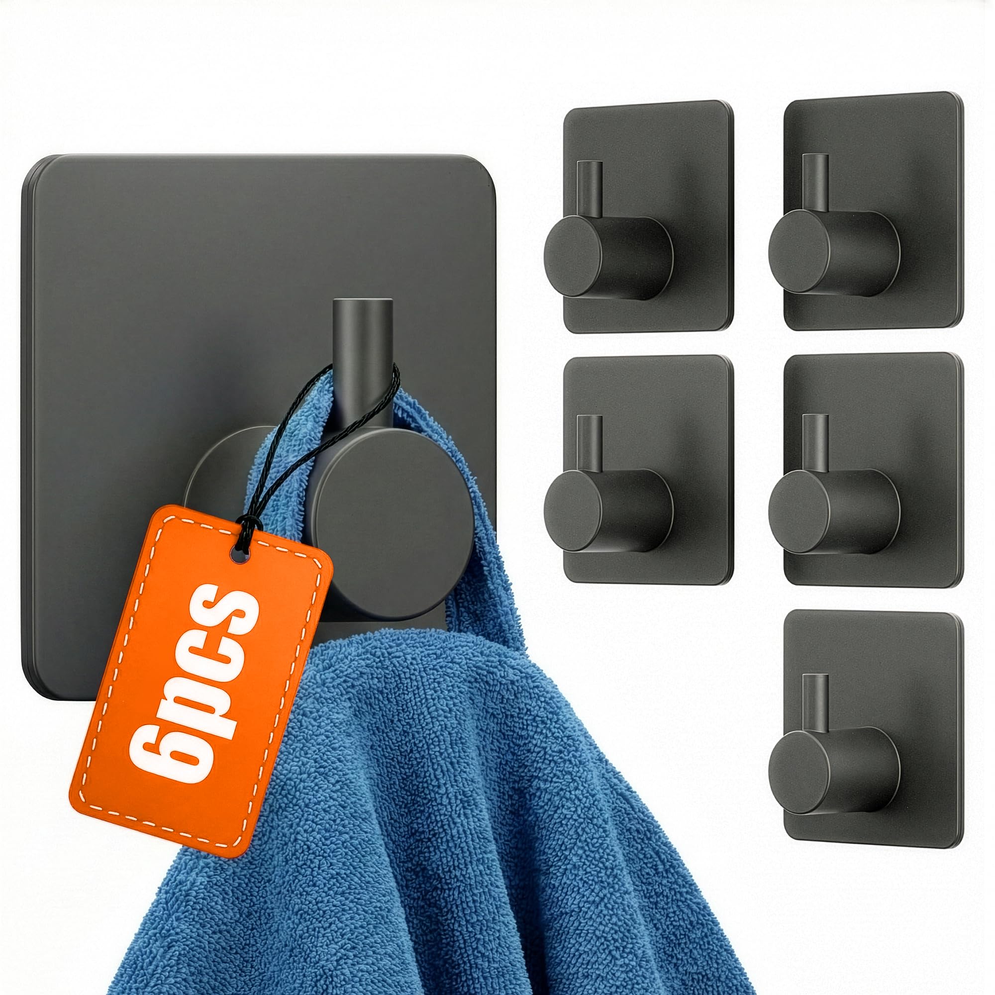 Minismus Ganchos Adhesivos para Pared, Colgadores Adhesivos Resistentes sin Taladro, Colgador Toalla Baño Cocina y Entrada, Ganchos para Colgar Objetos, Acero Inoxidable Negro, 6 Unidades