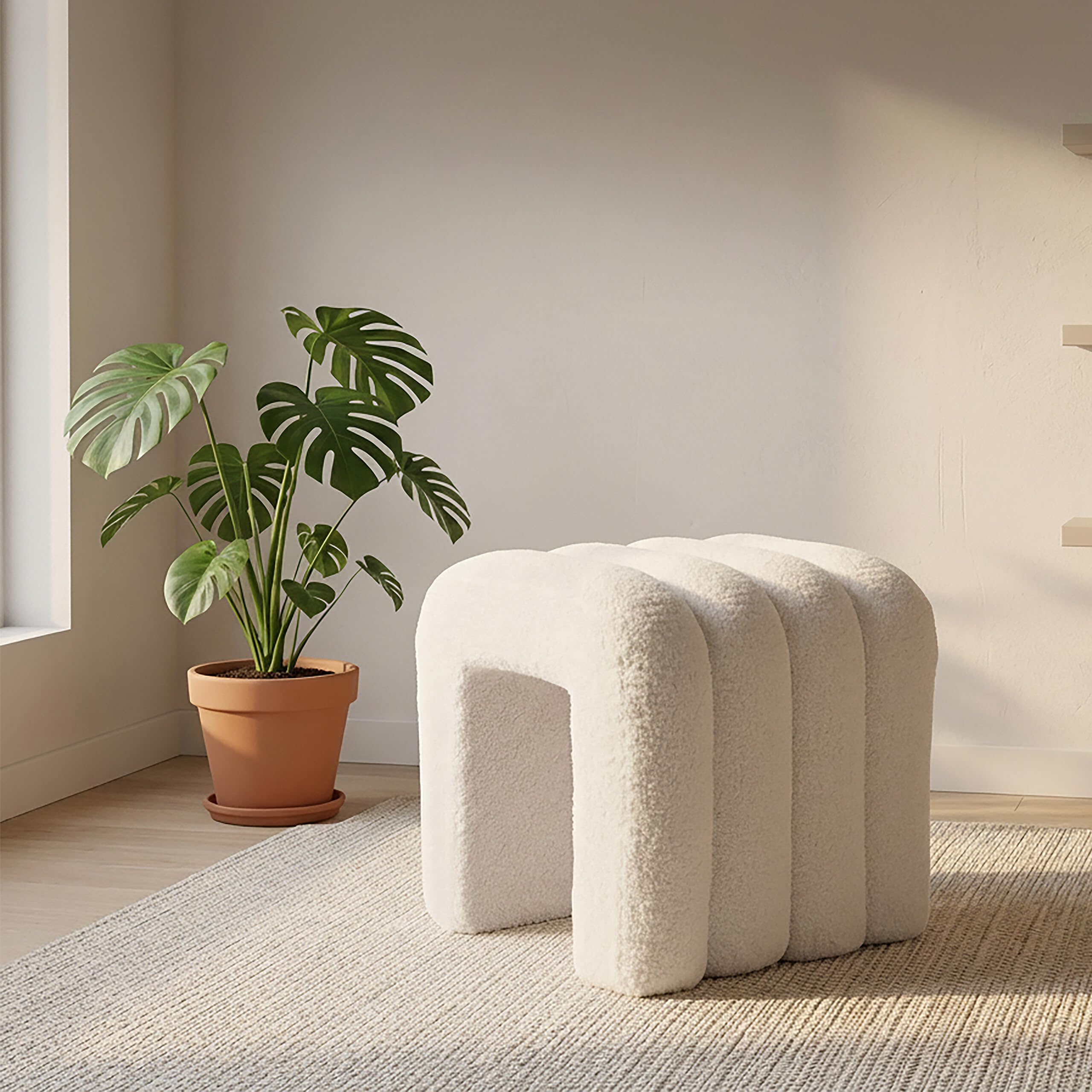 Relaxdays Teddyfell Hocker, gepolstert, HBT: 40x40x40 cm, geriffelt, Bouclé Sitzhocker, Schlafzimmer, Wohnzimmer, Creme