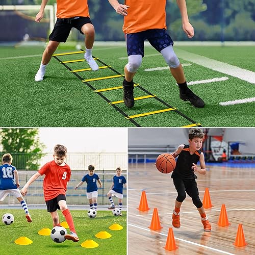 Miniatura 7 de Juego de equipos de entrenamiento de velocidad de agilidad, escalera de agilidad de 20 pies, 14 conos de fútbol, pelota de fútbol tamaño 4,