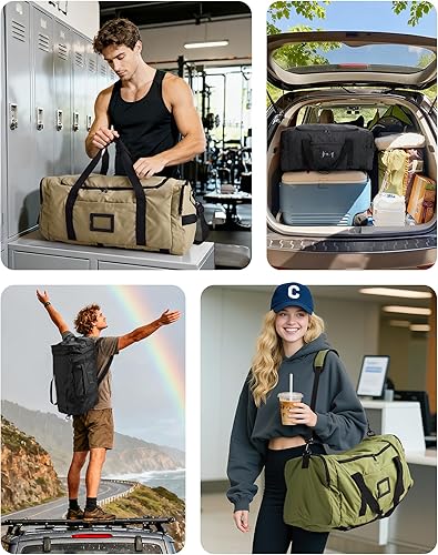 Miniatura 7 de BAGSAMRT - Bolsa de lona plegable de 60 litros para viajes, bolsa de viaje grande para hombres, mochila de viaje 4 en 1, bolsa de transporte para