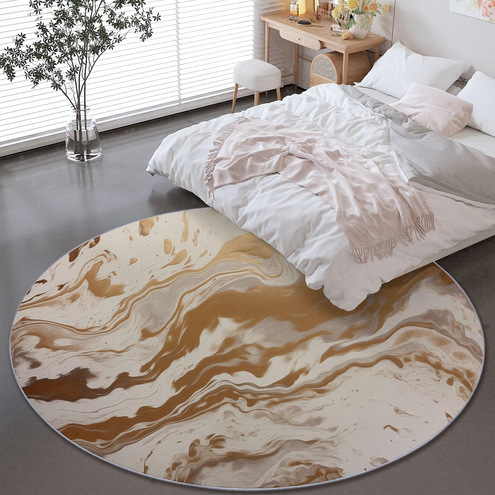Flauschiger Runder Teppiche Runder 160 cm, Weicher Plüsch Teppich für Schlafzimmer Wohnzimmer - Abstrakt Marmorstruktur Flüssigkeit Farbverlauf Bedruckter Kinderteppich Kuscheliger Teppich Beige