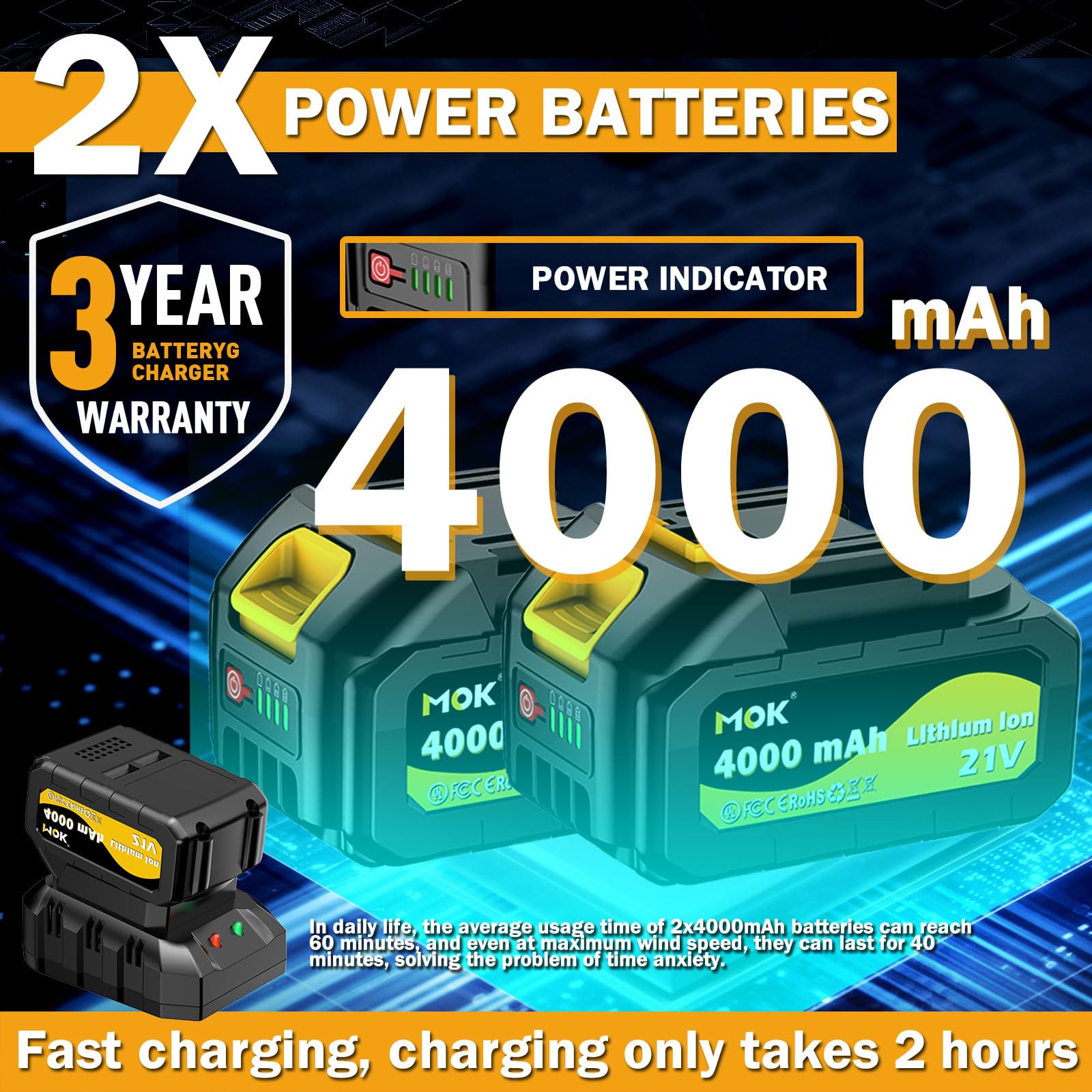 MOK Soplador de hojas inalámbrico, motor sin escobillas de 560 CFM/150 MPH, soplador de hojas eléctrico inalámbrico con 2 baterías de 21 V 4.0 Ah y cargador, 3 velocidades variables, soplador para