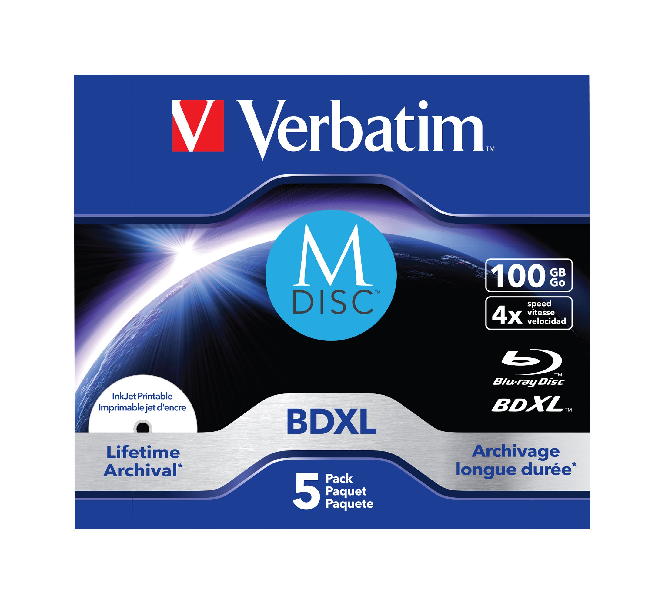 Verbatim M-Disc BD-R mit 100 GB - 4-fache Brenngeschwindigkeit - langlebige Blu-Ray Disc - 5 Stück
