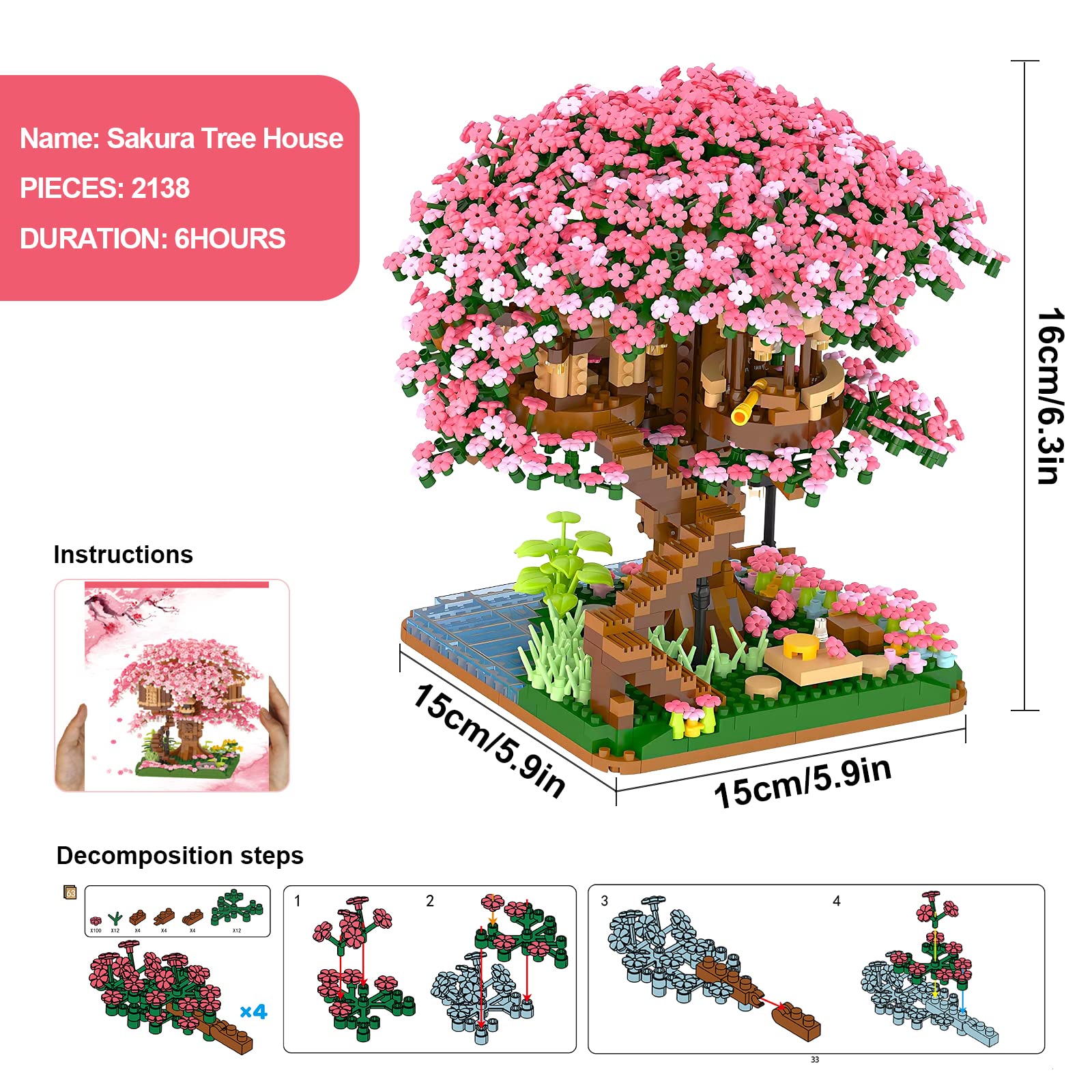 Kit De Construcción De Ramo De Rosas – Modelo Bonsái Rosa Con Vitrina, 675 Microbloques – Regalo Creativo Para Adultos, Adolescentes Y Mujeres