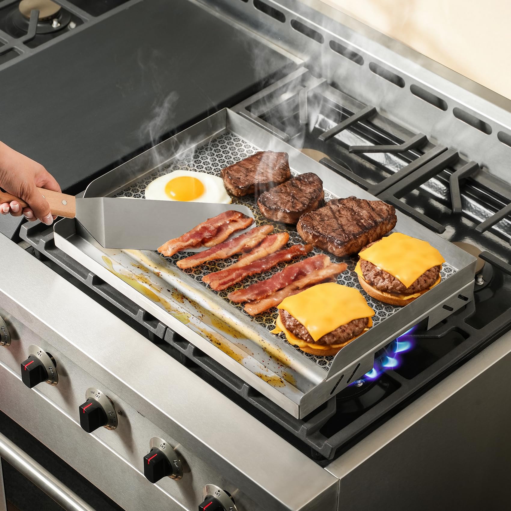 Onlyfire 45 x 32 cm Plancha Barbecue Hybride en Acier Inoxydable, Plaque de Cuisson avec Revêtement Céramique Nid d'Abeille, Antiadhésive et Robuste, pour Barbecue à Gaz, Charbon et Cuisinière