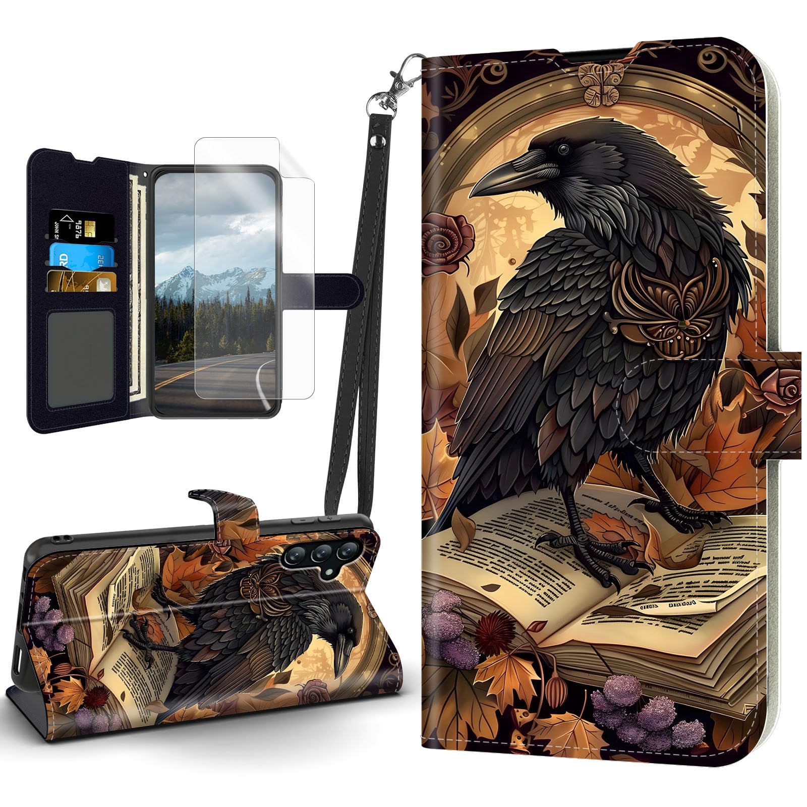 Tudguiloae Galaxy A15 5G Phone Case, Crow Book Flip Case with Wristband, Card Slot, Embossed Raven Design