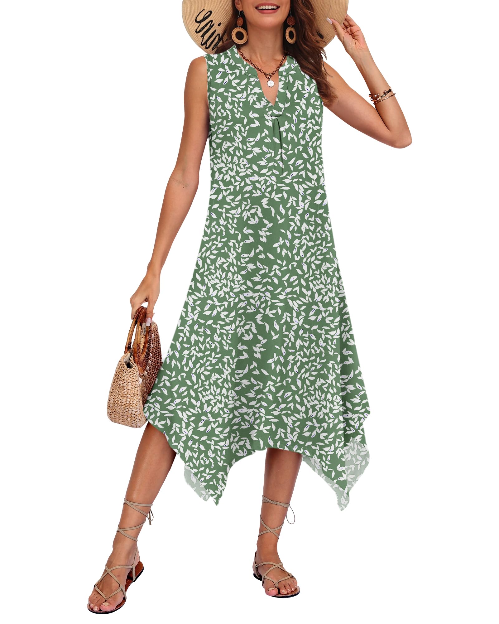 AUSELILY Womens Summer Midi Dress V Neck Sleeveless Casual with Pockets