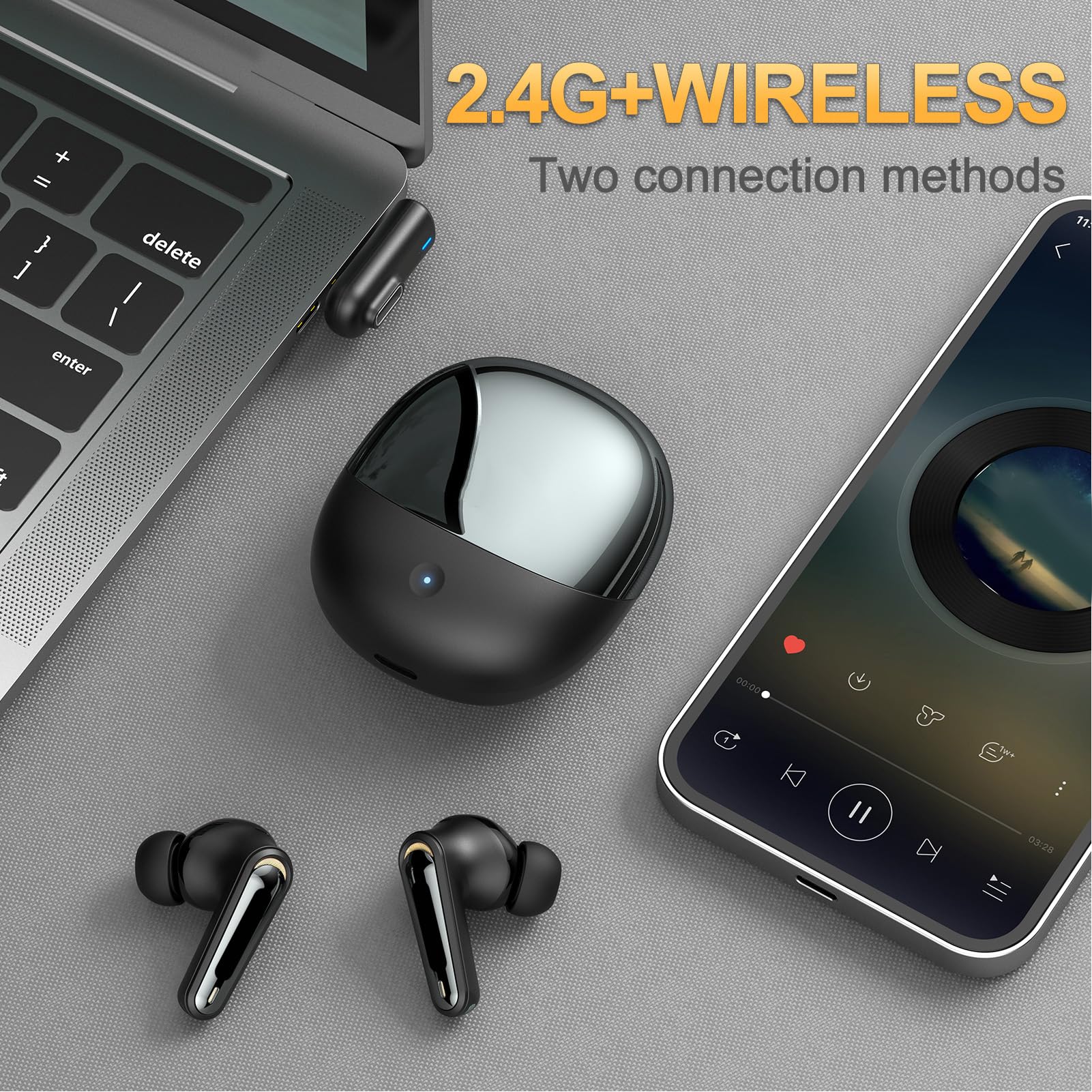 Denash Écouteurs de Jeux sans Fil, Mode Double Bluetooth à Faible Latence 2,4 GHz avec Micro ENC, Dongle USB C pour Tablette Téléphonique PC Console de Jeu PC (Black)