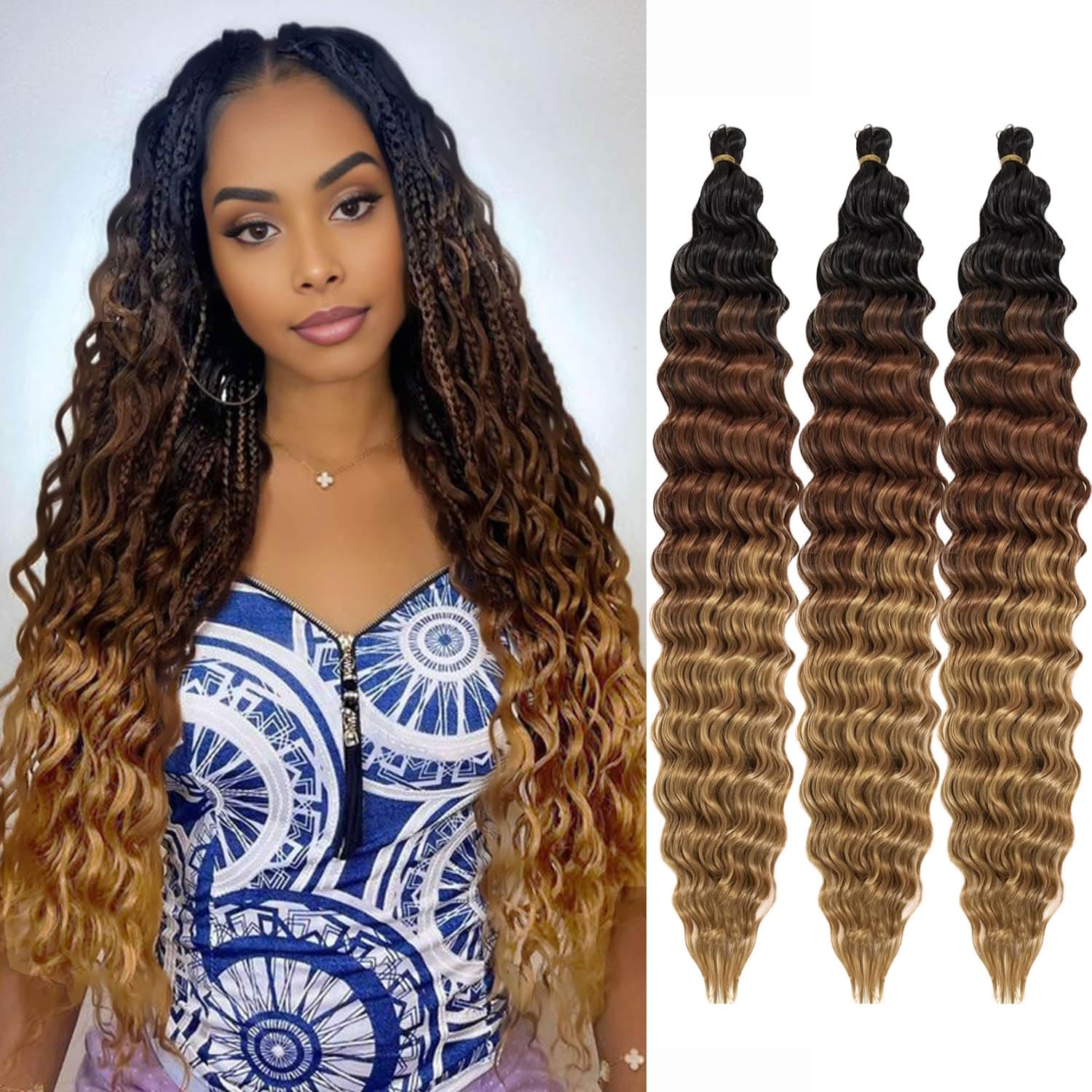 Ocean Wave Crochet Hair 3Packs Deep Wave Braiding Hair Curl Crochet Braiding Hair Extension Ocean Wave Braids Hair for women (1B/30/27#