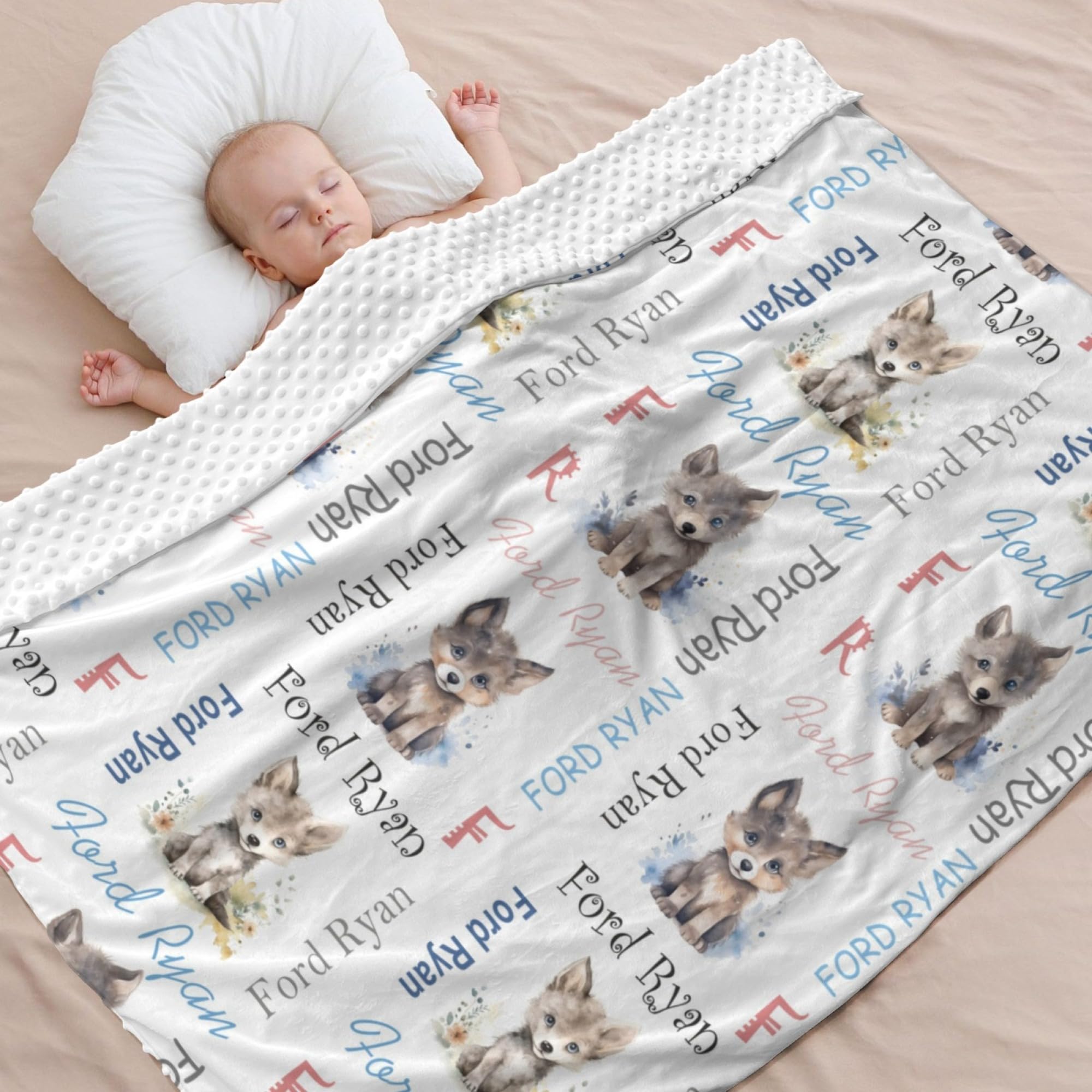 Customized Wolf Baby Blanket with Name Double Layer Soft Plush Minky Dotted Backing Personalized Baby Blankets for Boys Girls Newborn Toddler