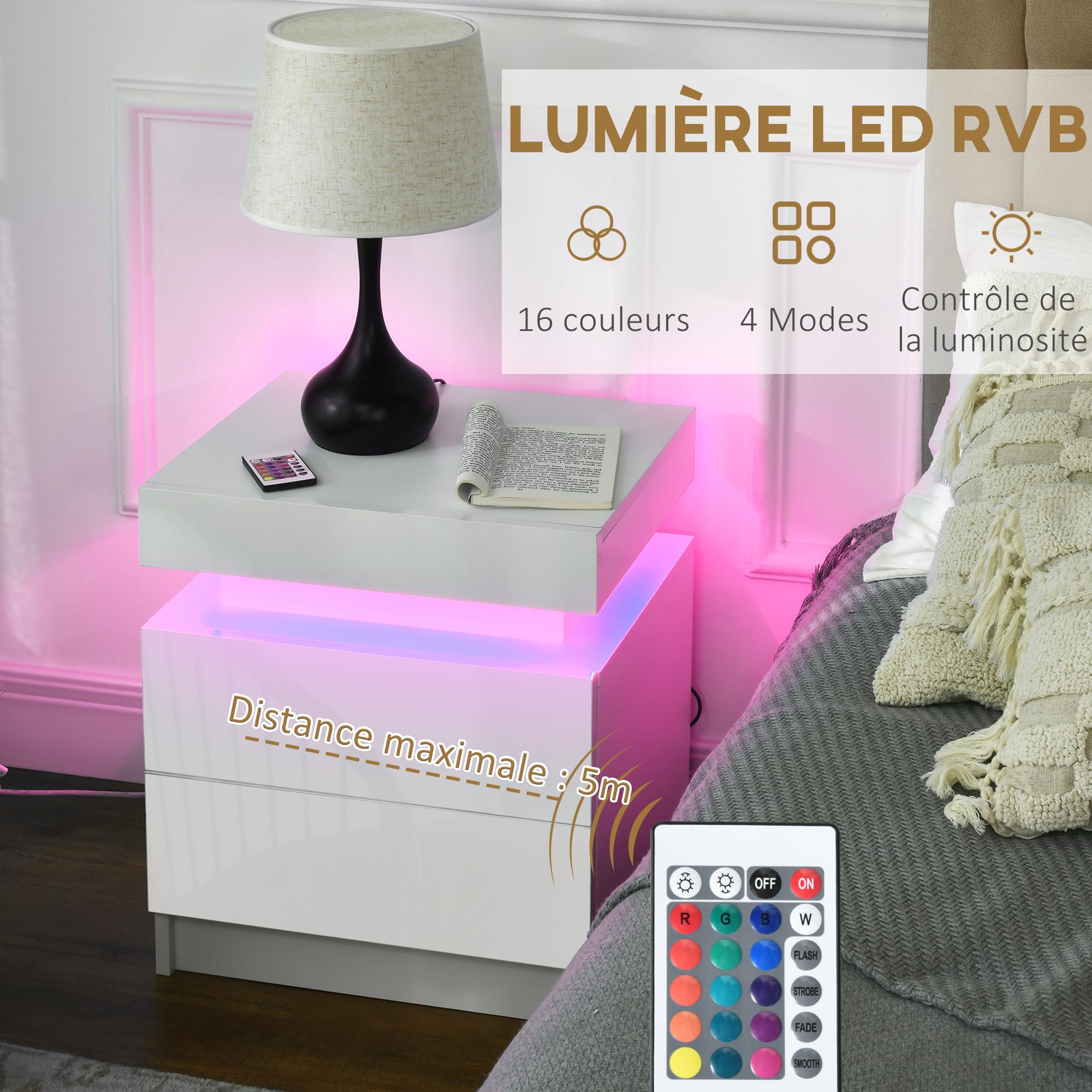 Table De Chevet Mobile Avec Roulettes - 25 Cm De Large, 2 Tiroirs, 2 Prises AC + 2 USB, LED RGB - Pour Chambre, Salon, Espaces étroits - 5