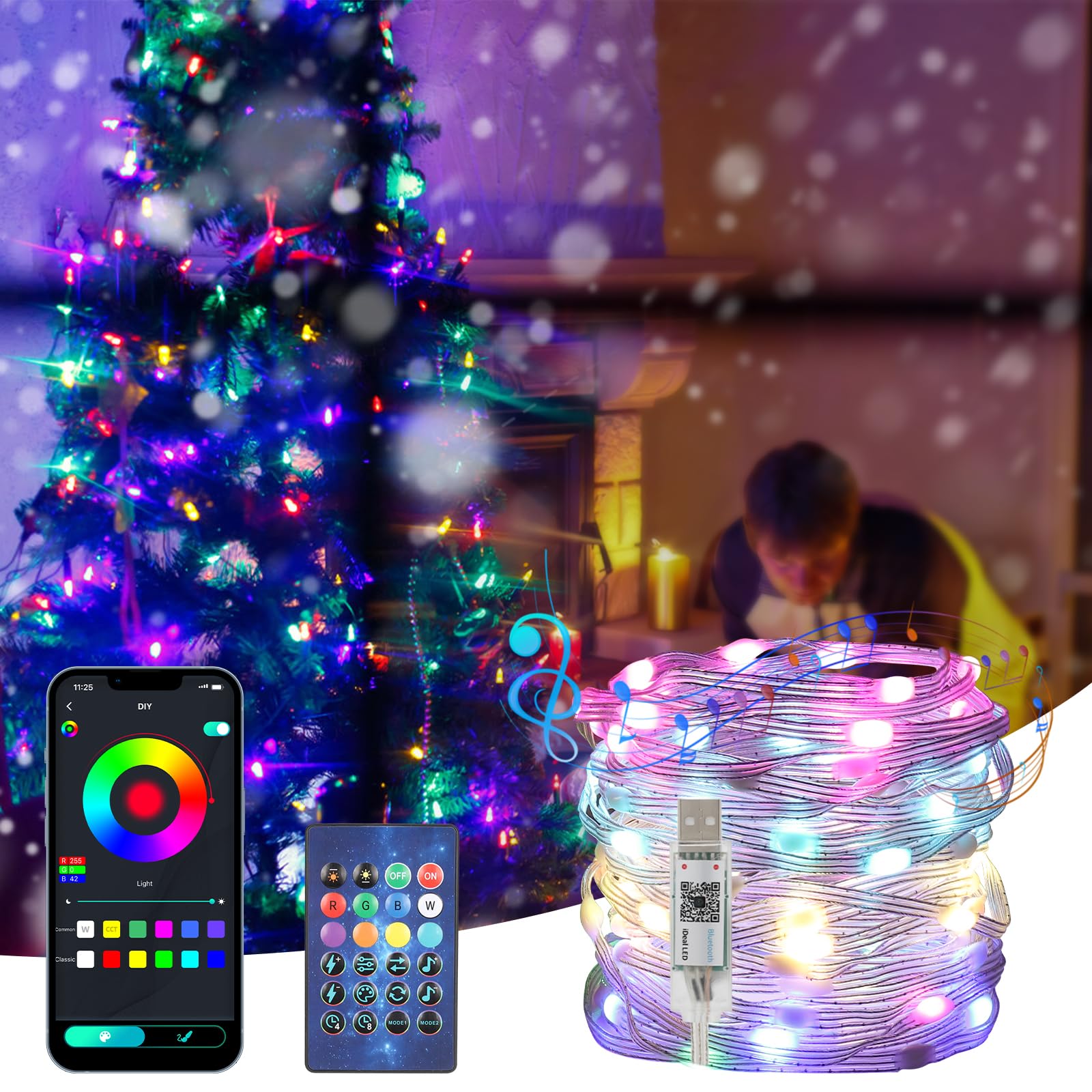 GuKKK Navidad Decoración Luces, 20 m 200 LED Guirnalda Luces RGB, Sincronización con Música, USB árbol de Navidad LED cadena de Luces con Smart Bluetooth App Control, Decoración Interior