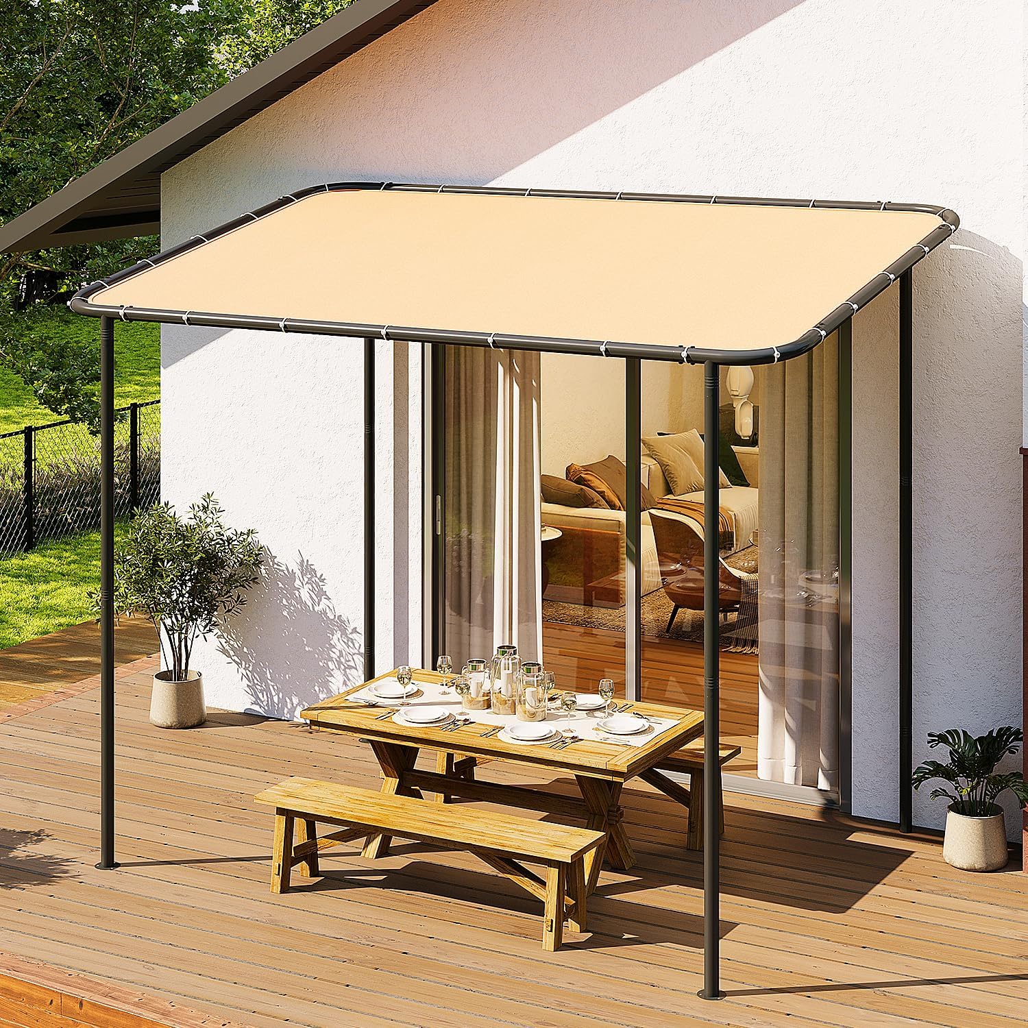 10x6 Lean to Gazebo Outdoor Pergola with Water Resistant & UV-Resistant, Wall-Mounted Canopy Sloped Roof Awning for Patio Backyard, Deck, or Garden Khaki