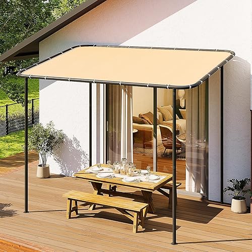 10x6 Lean to Gazebo Outdoor Pergola with Water Resistant & UV-Resistant, Wall-Mounted Canopy Sloped Roof Awning for Patio Backyard, Deck, or Garden Khaki
